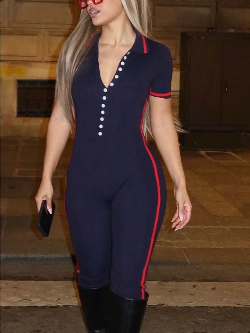 Navy Short-Sleeve Polo Jumpsuit with Red Trim